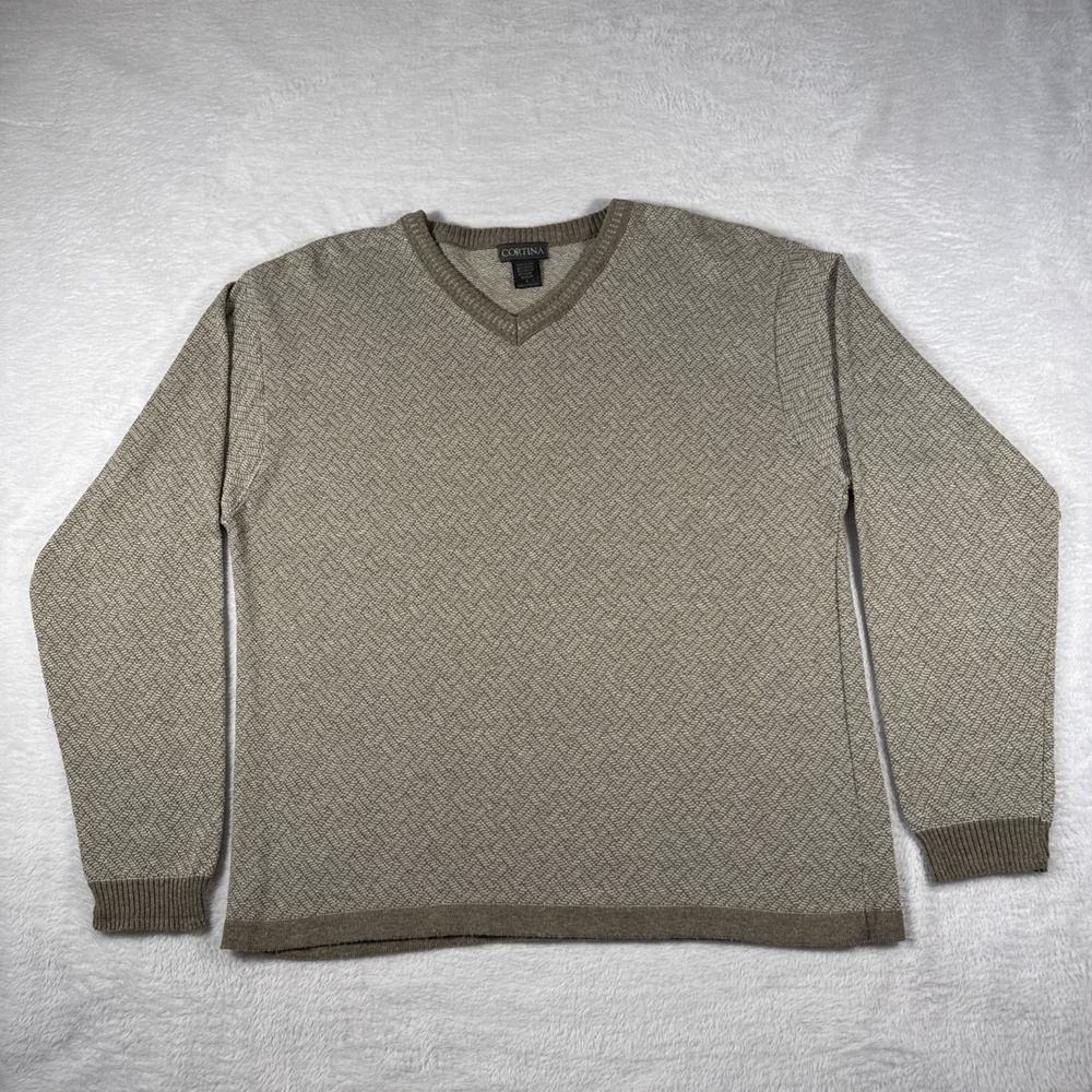 Cortina Made in Italy‎ Men's L Cotton Linen Blend V-Neck Zigzag Sweater